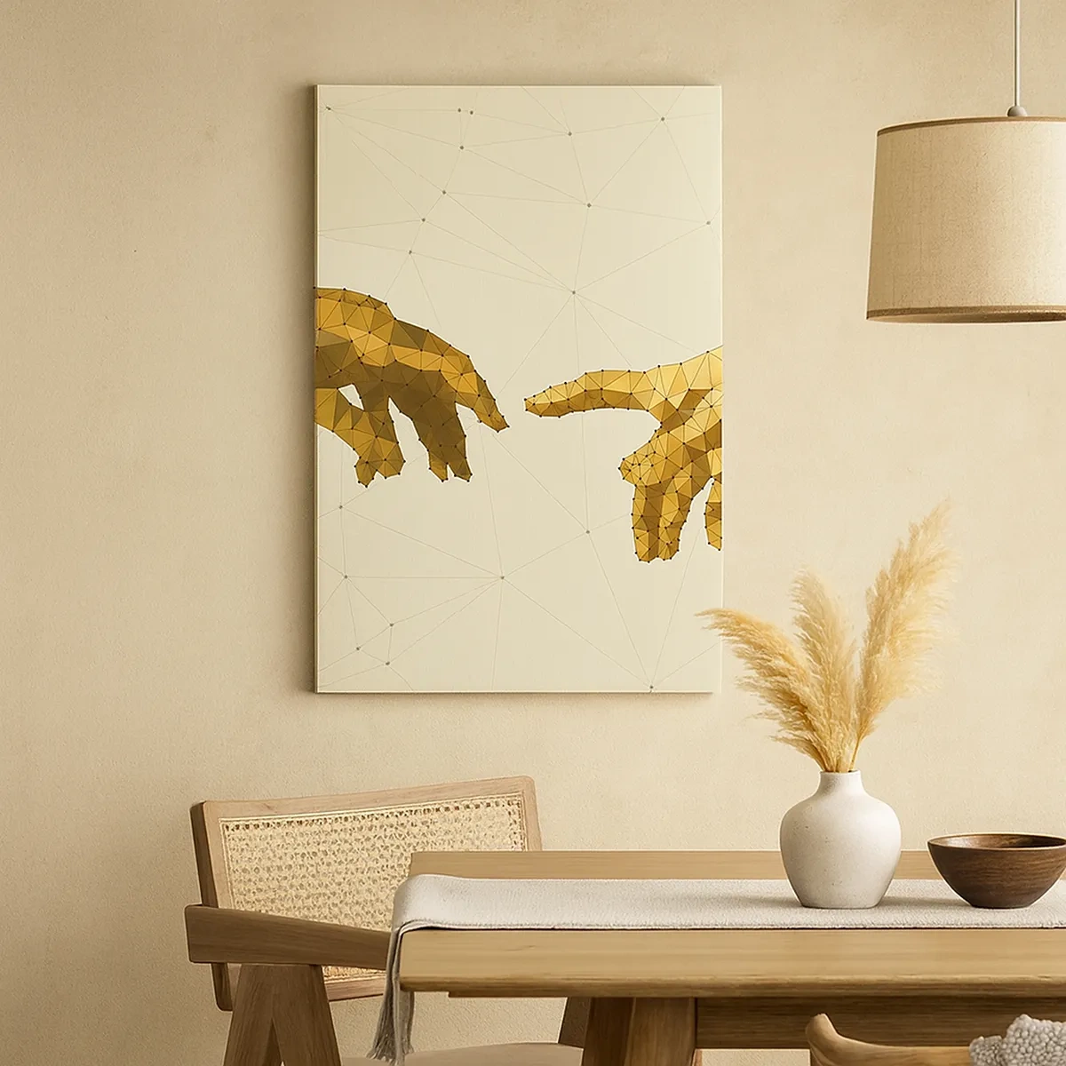 Obraz na płótnie - Geometryczna interpretacja gestu dotyku dłoni - 50x70cm - Boska geometria - Nowoczesna dekoracja ścienna do salonu, kuchni i sypialni ARTTOR