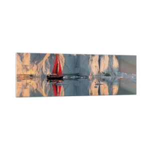 Obraz na szkle - Żaglówka z czerwonym żaglem na tle lodowca - 160x50cm - Na krańcu świata - Nowoczesna dekoracja ścienna do salonu i sypialni ARTTOR