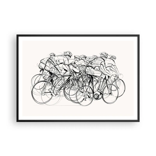 Plakat w czarnej ramie - Grupa kolarzy w ruchu w minimalistycznym stylu - 100x70cm - Wespół w zespół - Nowoczesna dekoracja ścienna do salonu i sypialni ARTTOR