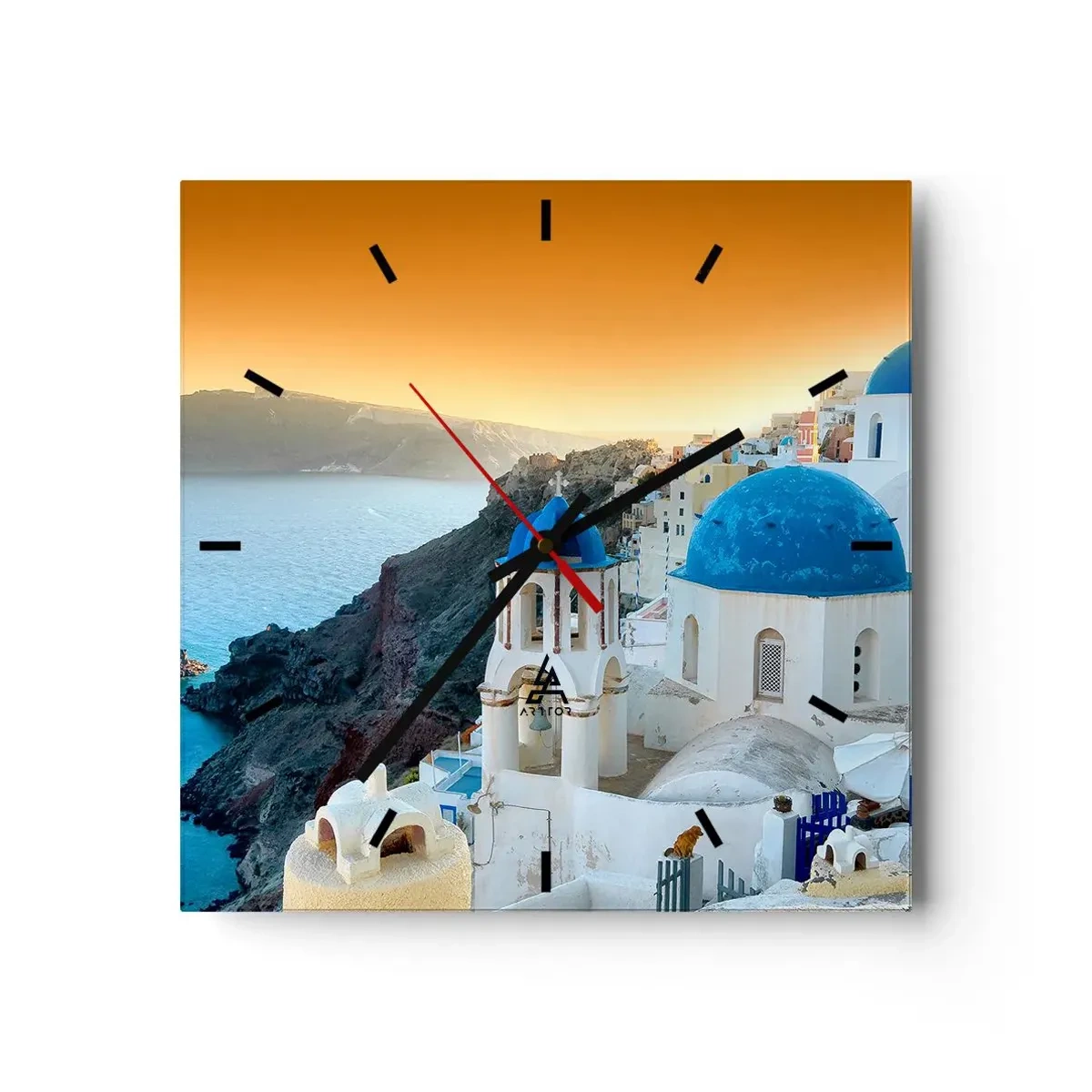 Zegar ścienny - Widok na Santorini z białymi budynkami i błękitnym morzem - 30x30cm - Santorini - przytulone do skał - Nowoczesna dekoracja ścienna do salonu i sypialni ARTTOR
