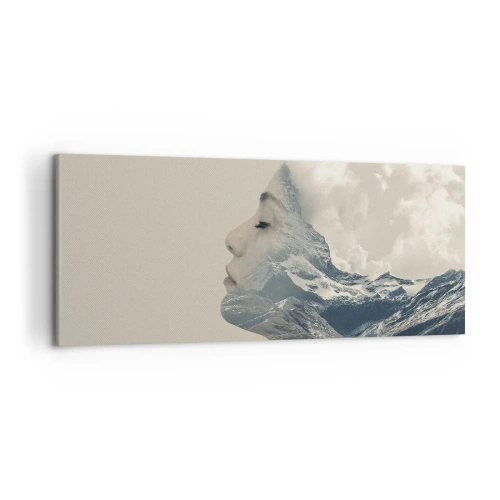 Obraz na płótnie - Sylwetka kobiety z krajobrazem gór w tle - 120x50cm - Uroda żywiołów - Nowoczesna dekoracja ścienna do salonu i sypialni ARTTOR
