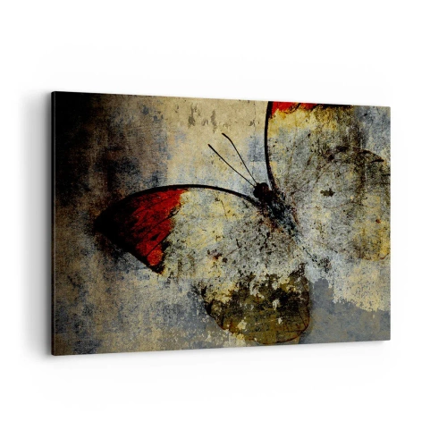 Obraz na płótnie - Motyl w odcieniach czerwieni i szarości na teksturowanym tle - 120x80cm - Patrz, zanim zniknę - Nowoczesna dekoracja ścienna do salonu, kuchni i sypialni ARTTOR