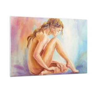 Obraz na szkle - Kobieta w subtelnej refleksji na tle pastelowych barw - 120x80cm - Akt młodości - Nowoczesna dekoracja ścienna do salonu, kuchni i sypialni ARTTOR