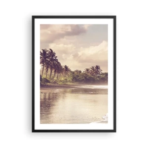 Plakat w czarnej ramie - Tropikalna plaża o zachodzie słońca z palmami - 50x70cm - Pieszczota fal - Nowoczesna dekoracja ścienna do salonu i sypialni ARTTOR