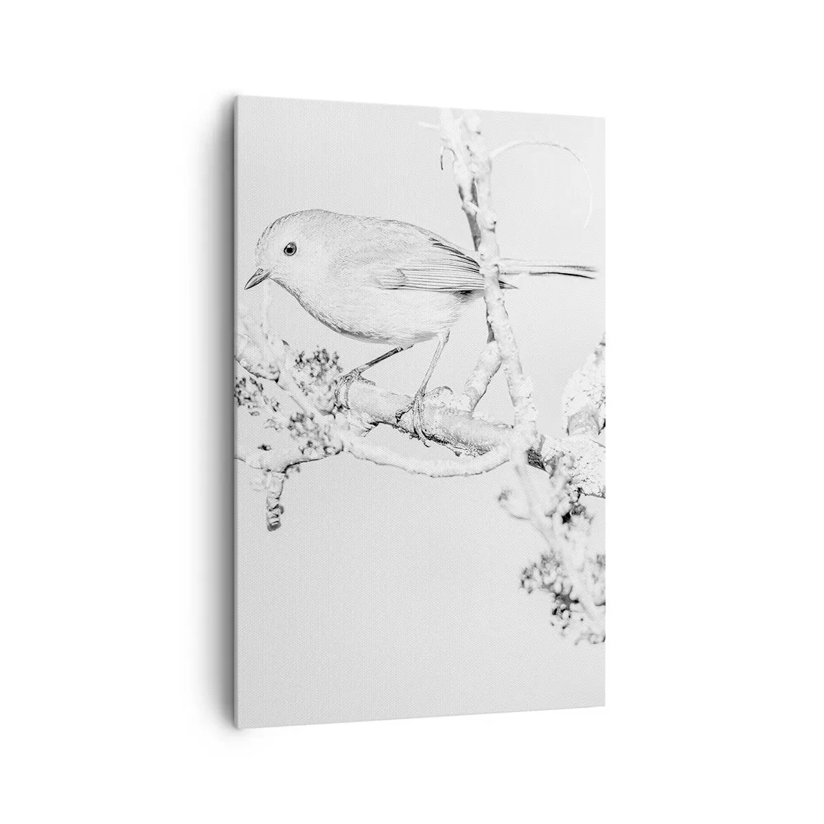 Obraz na płótnie - Ptak na gałęzi w czerni i bieli z minimalistycznym stylem - 80x120cm - Zimowy poranek - Nowoczesna dekoracja ścienna do salonu i sypialni ARTTOR