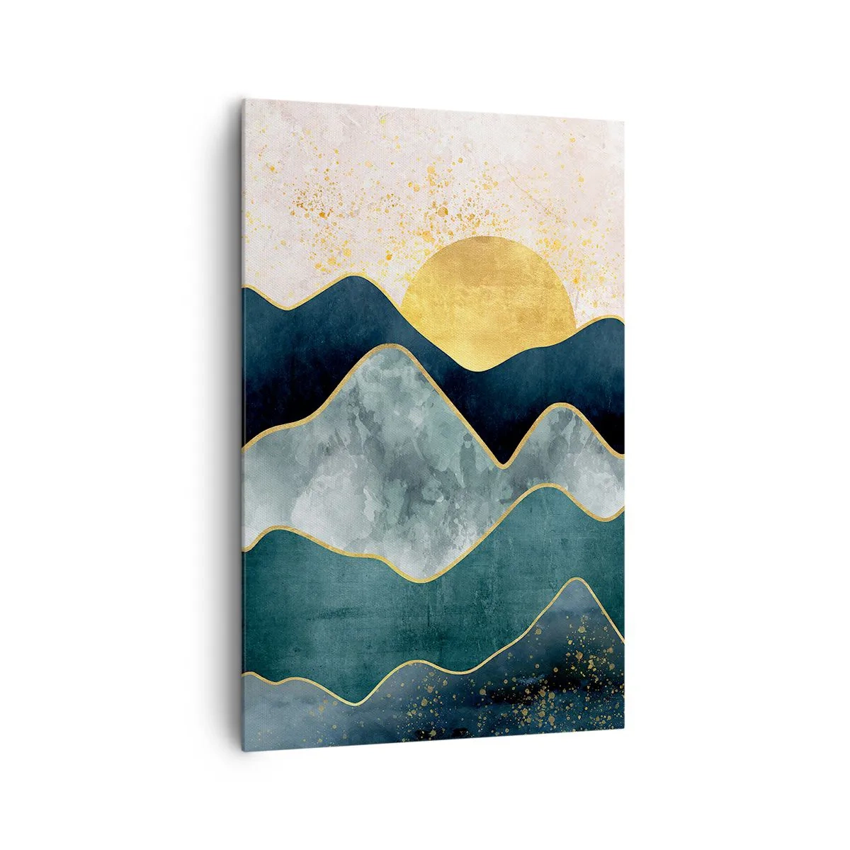 Obraz na płótnie - Abstrakcyjne, warstwowe góry w odcieniach zieleni, granatu i złota na tle wschodzącego słońca - 80x120cm - Za siedmioma górami - Nowoczesna dekoracja ścienna do salonu i sypialni ARTTOR