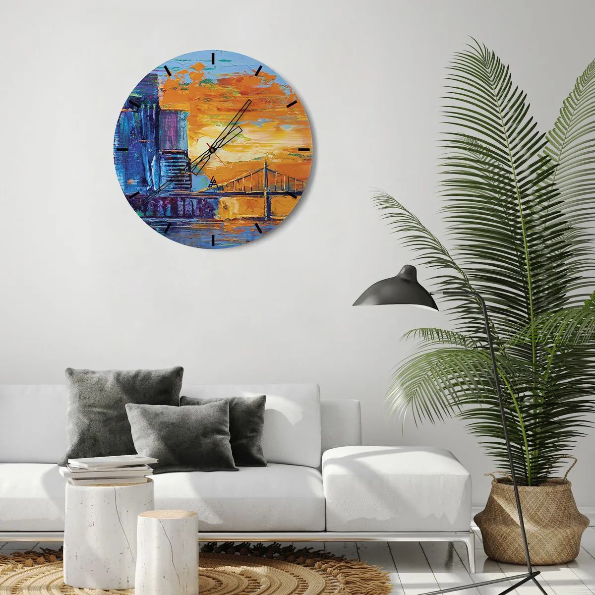 Zegar ścienny - Kolorowa impresja miasta o zachodzie słońca - 30x30cm - Kultura i natura - Nowoczesna dekoracja ścienna do salonu, kuchni i sypialni ARTTOR