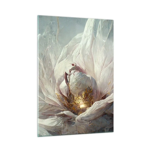 Obraz na szkle - Rozkwitający kwiat w delikatnych szarościach i złocie - 50x70cm - Rozkwita raz na sto lat - Nowoczesna dekoracja ścienna do salonu, kuchni i sypialni ARTTOR