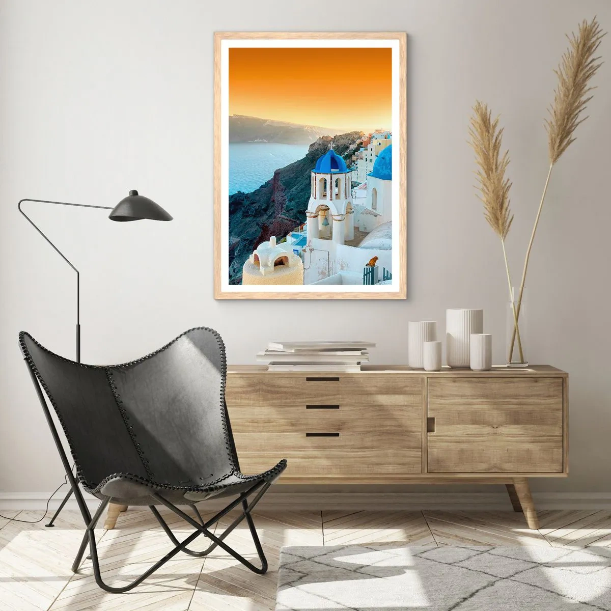 Plakat w ramie jasny dąb - Santorini - przytulone do skał - 61x91 cm