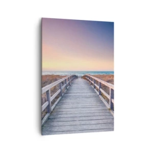 Obraz na płótnie - Drewniany pomost prowadzący na plażę o zachodzie słońca z pastelowymi barwami nieba - 70x100cm - Bałtycka wieczorna zorza - Nowoczesna dekoracja ścienna do salonu i sypialni ARTTOR