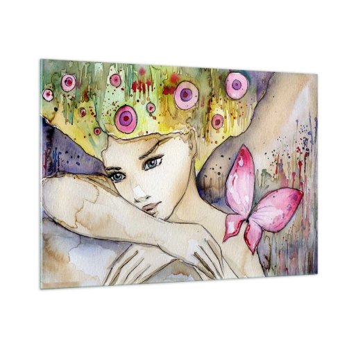 Obraz na szkle - Portret kobiety z barwną fryzurą i motylem w akwareli - 100x70cm - Motyla księżniczka - Nowoczesna dekoracja ścienna do salonu, kuchni i sypialni ARTTOR