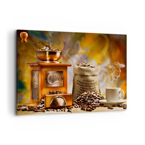 Obraz na płótnie - Młynek do kawy z ziarnami i filiżanką na tle - 120x80cm - Chrzęst ziaren, terkot młynka - Nowoczesna dekoracja ścienna do salonu, kuchni i sypialni ARTTOR