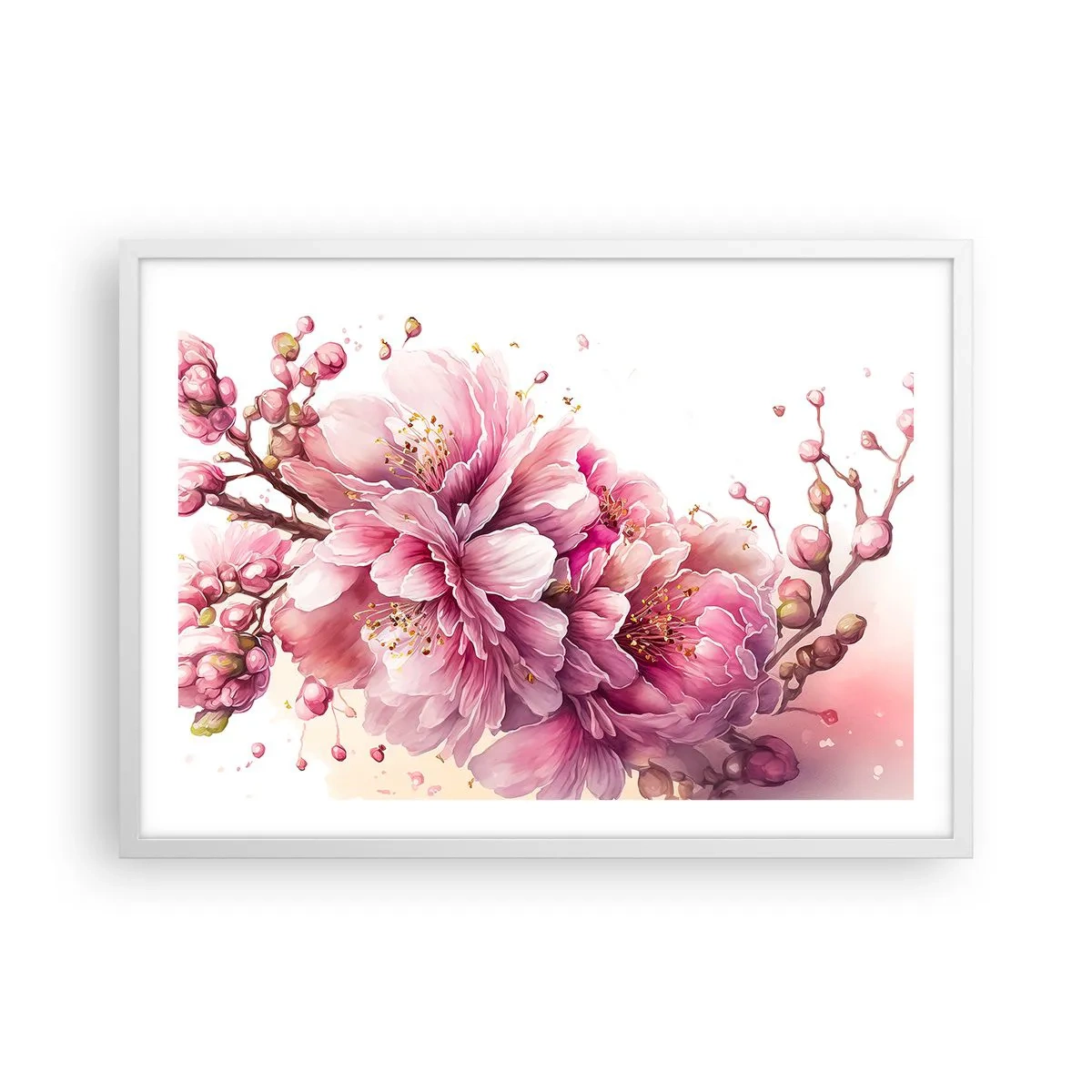 Plakat w białej ramie - Kwiat kwitnącej wiśni - 70x50 cm