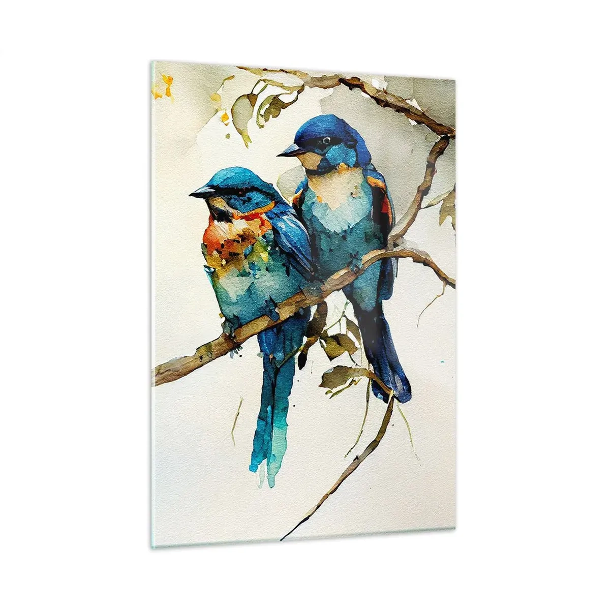 Obraz na szkle - Kolorowe ptaki siedzące na gałęzi w akwareli - 50x70cm - Obraził się? - Nowoczesna dekoracja ścienna do salonu, kuchni i sypialni ARTTOR