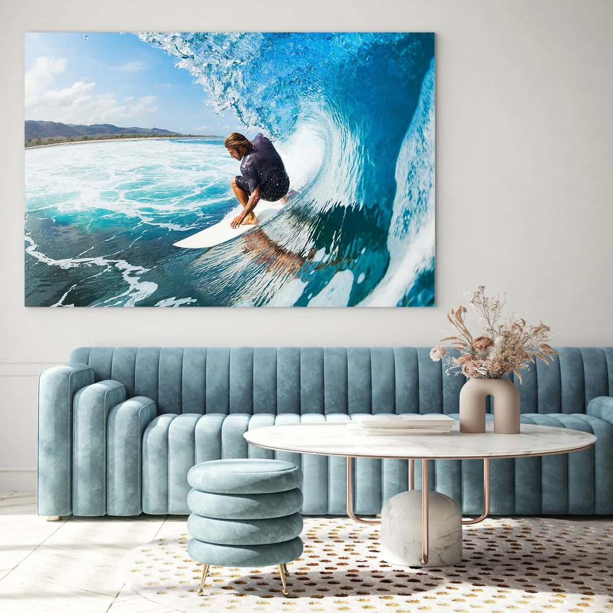 Obraz na szkle - Surfer w tunelu wodnym na tle oceanu - 100x70cm - Tańczący z falami - Nowoczesna dekoracja ścienna do salonu, kuchni i sypialni ARTTOR