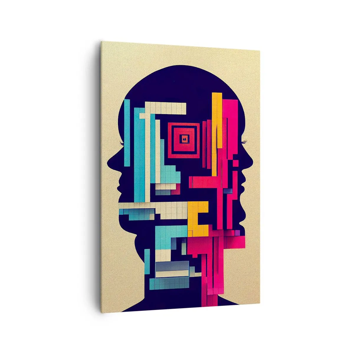 Obraz na płótnie - Abstrakcyjna ilustracja dwóch ludzkich sylwetek w geometrycznym stylu - 80x120cm - Nowe więzi - Nowoczesna dekoracja ścienna do salonu i sypialni ARTTOR