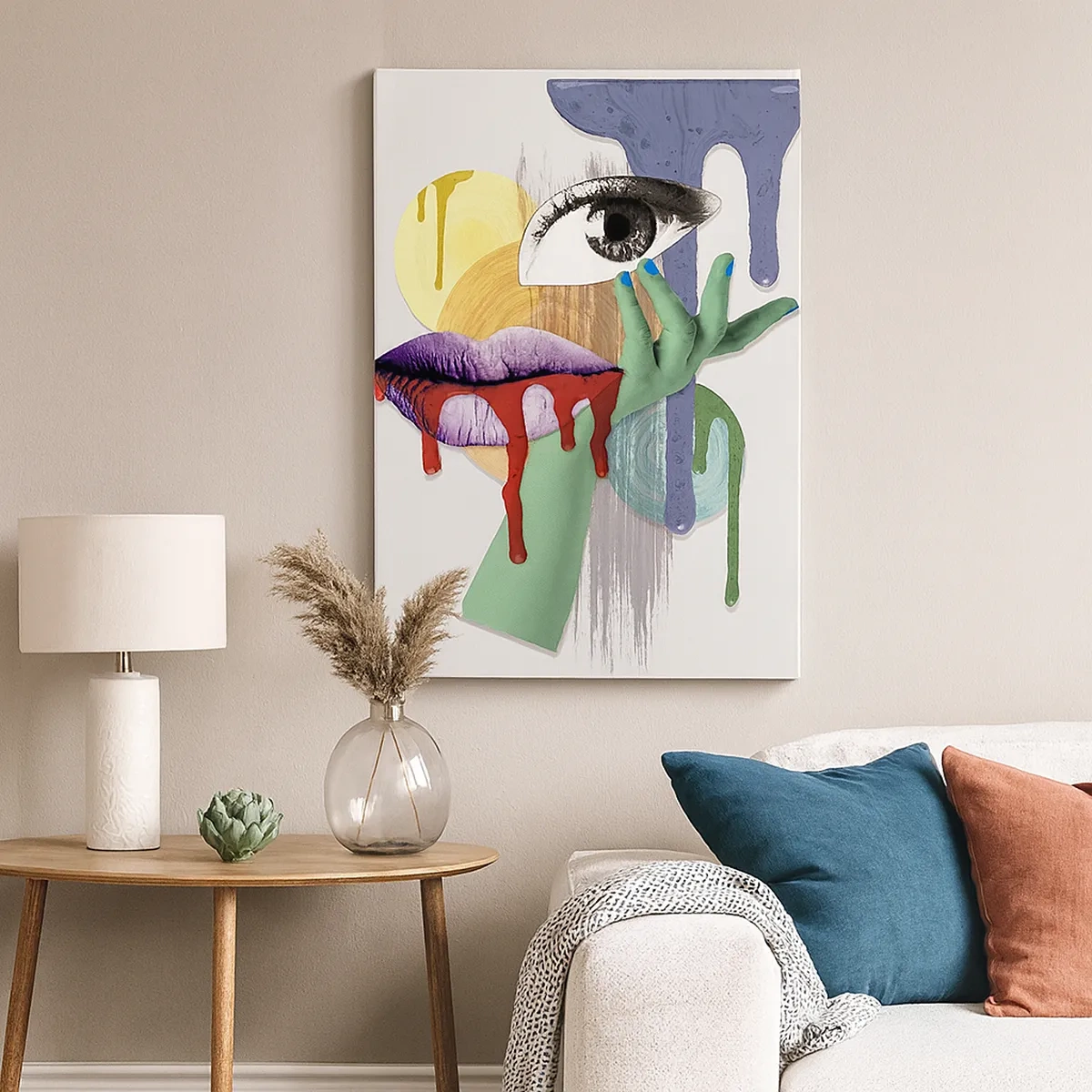 Obraz na płótnie - Surrealistyczna kompozycja oka, ust i dłoni w abstrakcyjnych barwach - 50x70cm - Portret zdekonstruowany - Nowoczesna dekoracja ścienna do salonu, kuchni i sypialni ARTTOR