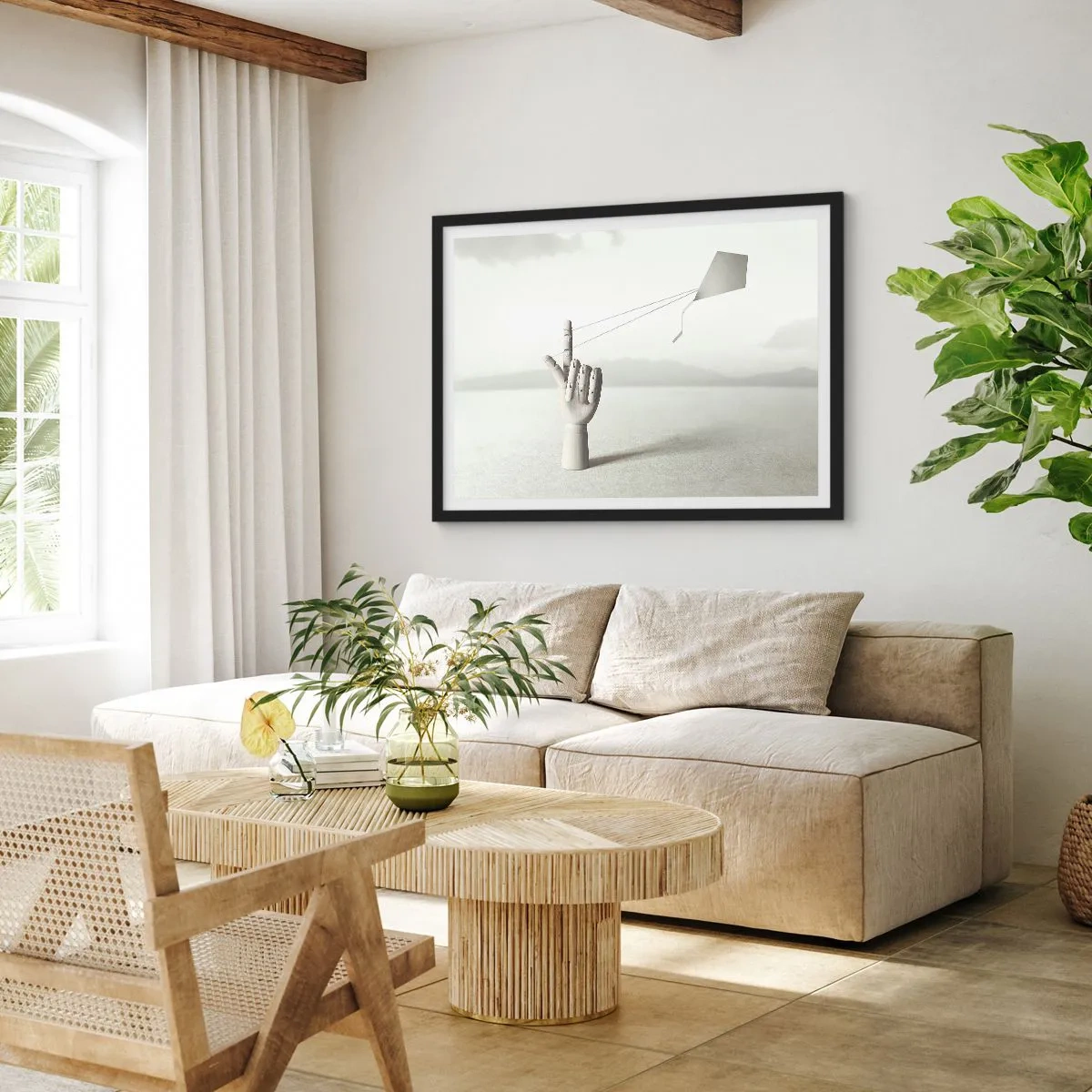 Plakat w czarnej ramie - Minimalistyczna ręka drewniana z latawcem na tle pejzażu - 70x50cm - Próba sił - Nowoczesna dekoracja ścienna do salonu i sypialni ARTTOR