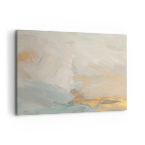 Obraz na płótnie - Delikatne abstrakcyjne pociągnięcia w odcieniach bieli i złota - 100x70cm - Abstrakcja – kraina łagodności - Nowoczesna dekoracja ścienna do salonu, kuchni i sypialni ARTTOR