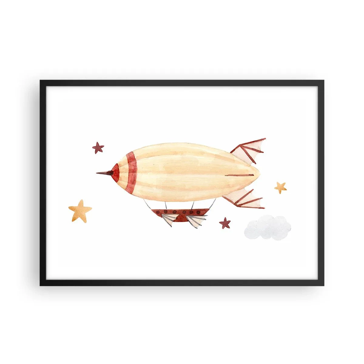 Plakat w czarnej ramie - Ręcznie malowany sterowiec na tle gwiazd - 70x50cm - Powietrzny statek - Nowoczesna dekoracja ścienna do salonu i sypialni ARTTOR