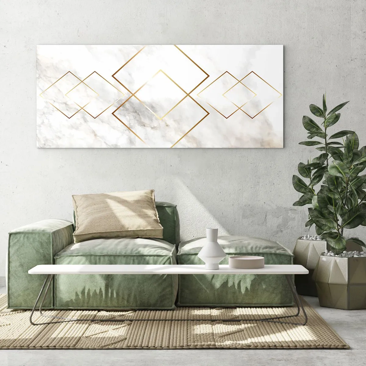 Obraz na szkle - Minimalistyczne złote romby na marmurowym tle - 160x50cm - Widok na nieskończoność - Nowoczesna dekoracja ścienna do salonu i sypialni ARTTOR