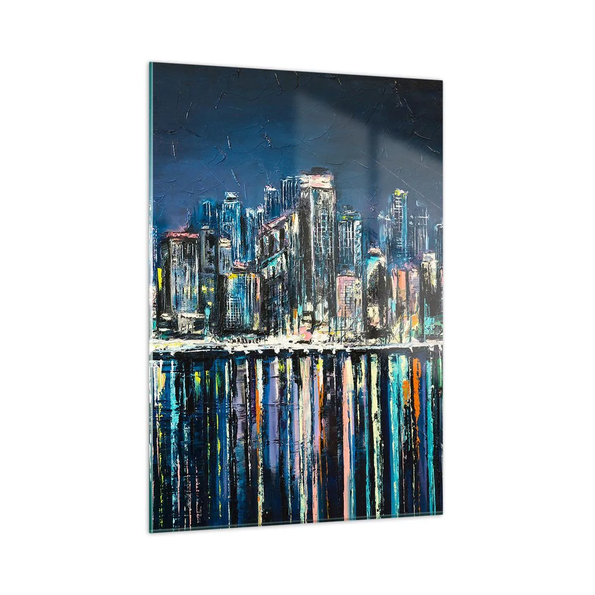 Obraz na szkle - Panorama miasta nocą z odbiciem świateł w wodzie - 50x70cm - Kaskada swiateł - Nowoczesna dekoracja ścienna do salonu, kuchni i sypialni ARTTOR