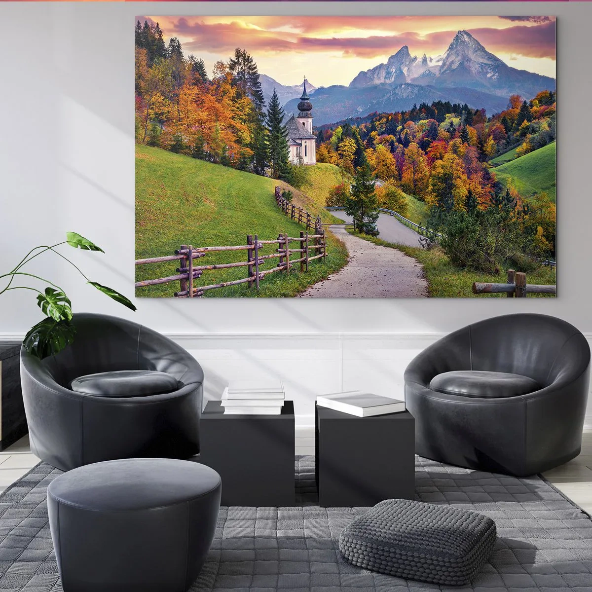 Obraz na szkle - Jesienny pejzaż górski z kościółkiem i drogą prowadzącą przez wzgórza - 70x50cm - Pejzaż jak malowanie - Nowoczesna dekoracja ścienna do salonu i sypialni ARTTOR