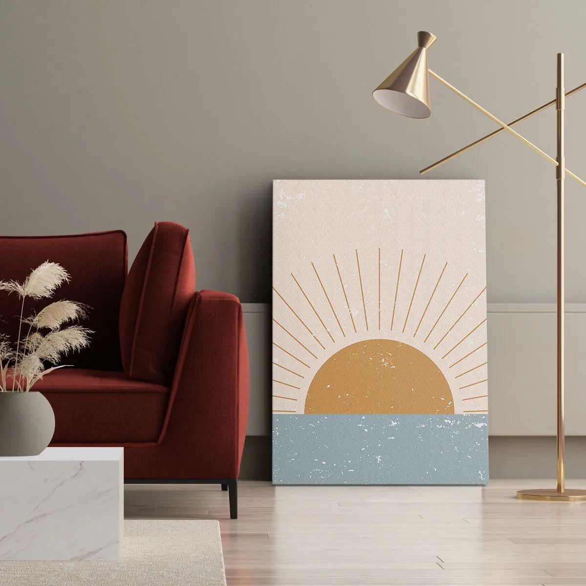 Obraz na płótnie - Minimalistyczna grafika przedstawiająca wschód słońca nad linią horyzontu - 50x70cm - Codzienny cud - Nowoczesna dekoracja ścienna do salonu, kuchni i sypialni ARTTOR