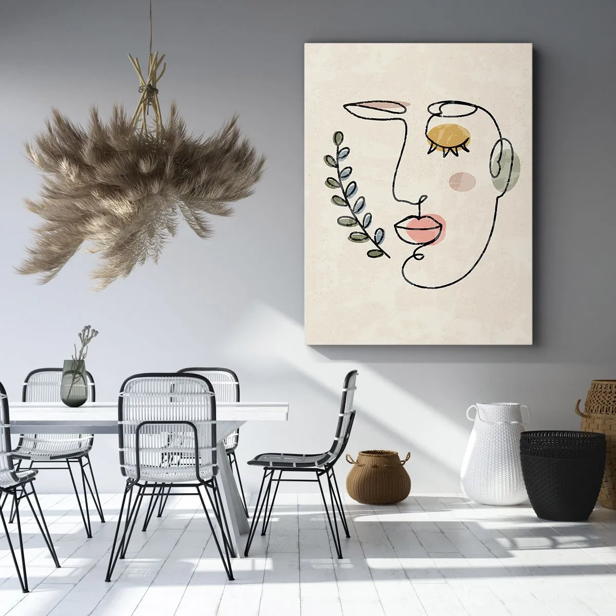 Obraz na płótnie - Minimalistyczny rysunek twarzy z roślinnym motywem na jasnym tle - 80x120cm - Spokój odnaleziony - Nowoczesna dekoracja ścienna do salonu i sypialni ARTTOR