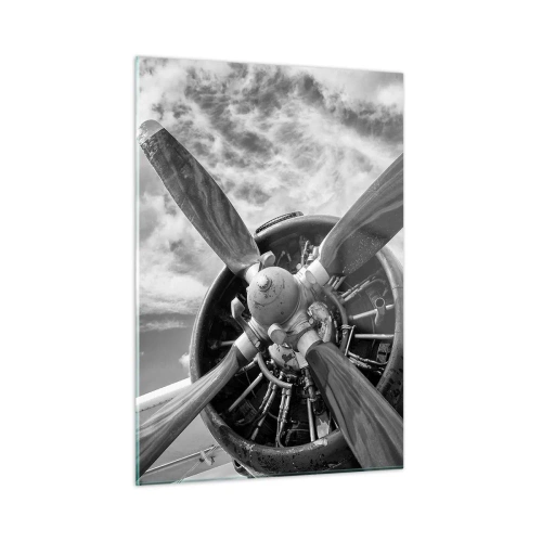 Obraz na szkle - Zbliżenie na śmigło samolotu w czarno-białej tonacji - 50x70cm - Pogromca przestworzy - Nowoczesna dekoracja ścienna do salonu, kuchni i sypialni ARTTOR