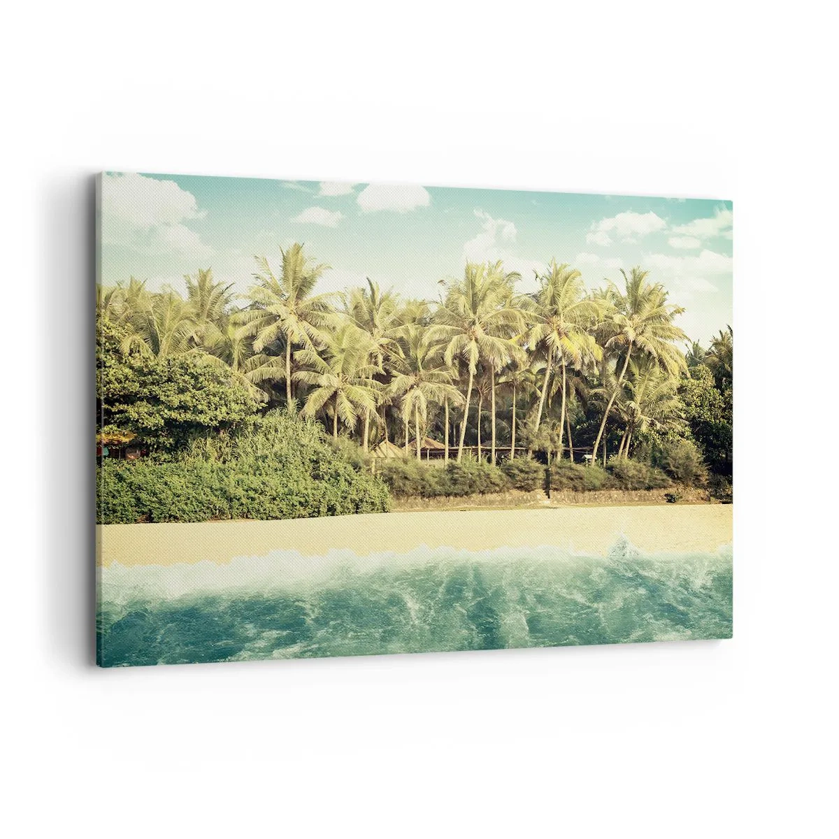 Obraz na płótnie - Tropikalna plaża z palmami i turkusowym morzem - 120x80cm - A może tutaj? - Nowoczesna dekoracja ścienna do salonu, kuchni i sypialni ARTTOR