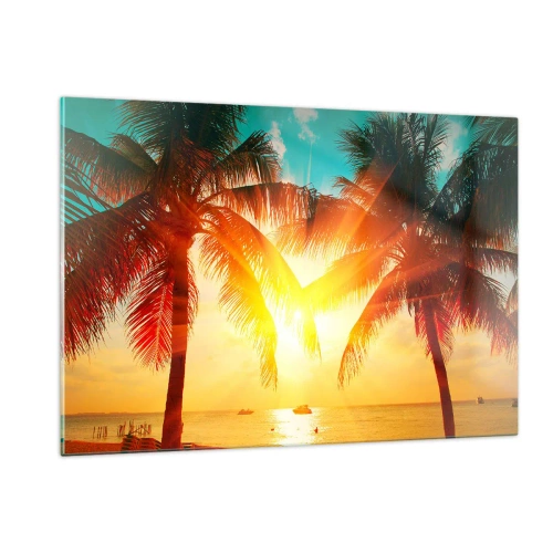 Obraz na szkle - Palmy oświetlone słońcem nad tropikalną plażą - 120x80cm - Egzotyczna para - Nowoczesna dekoracja ścienna do salonu, kuchni i sypialni ARTTOR