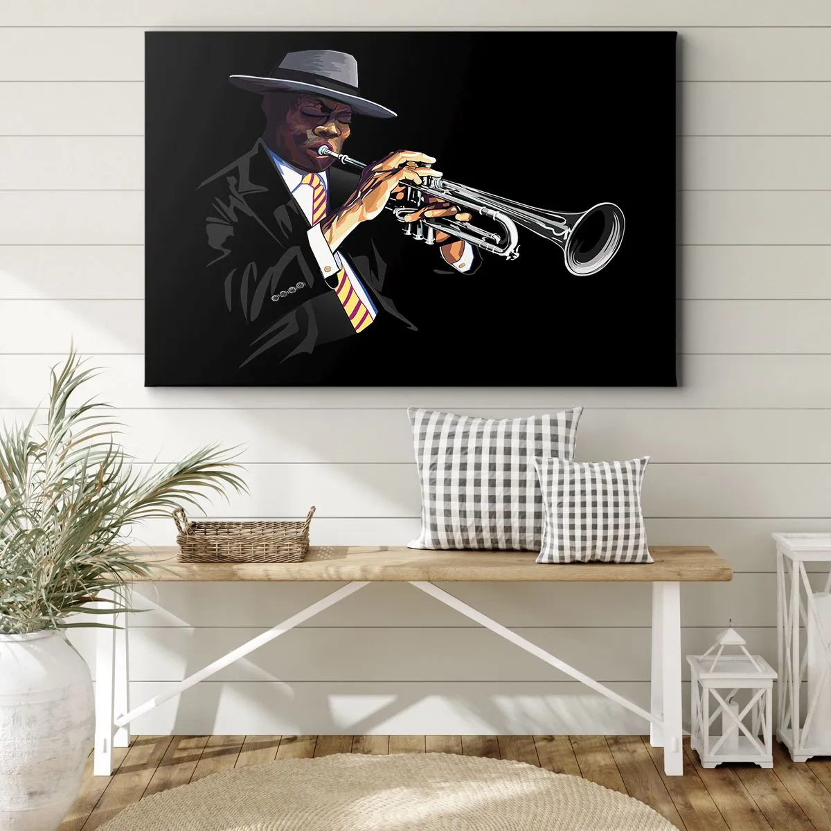 Obraz na płótnie - Muzyk grający na trąbce na czarnym tle - 120x80cm - Czar starej szkoły - Nowoczesna dekoracja ścienna do salonu, kuchni i sypialni ARTTOR