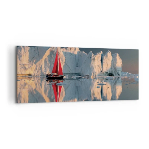 Obraz na płótnie - Żaglówka z czerwonym żaglem na tle lodowca - 120x50cm - Na krańcu świata - Nowoczesna dekoracja ścienna do salonu i sypialni ARTTOR