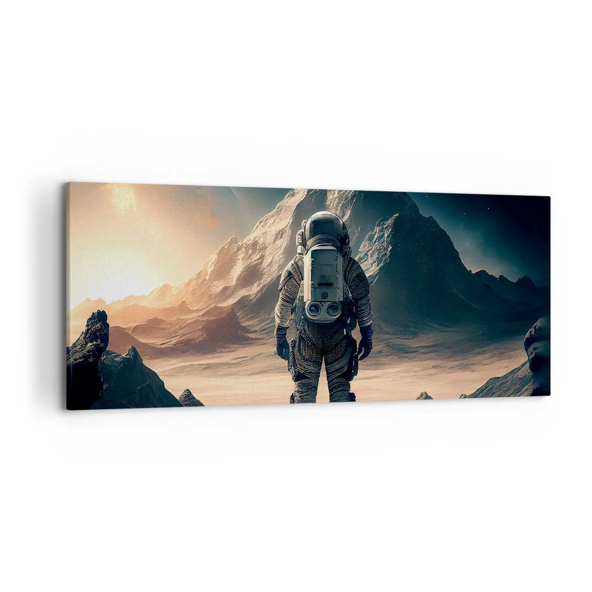 Obraz na płótnie - Astronauta na tle majestatycznych gór - 120x50cm - Nowe wyzwanie - Nowoczesna dekoracja ścienna do salonu i sypialni ARTTOR