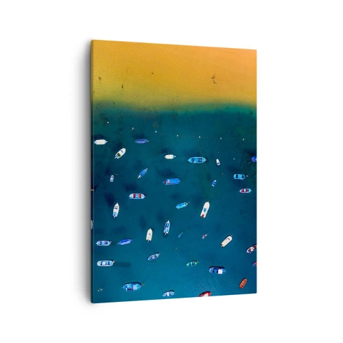 Obraz na płótnie - Widok z lotu ptaka na kolorowe łodzie na turkusowej wodzie przy złotej plaży - 50x70cm - Wakacyjna gra - Nowoczesna dekoracja ścienna do salonu, kuchni i sypialni ARTTOR