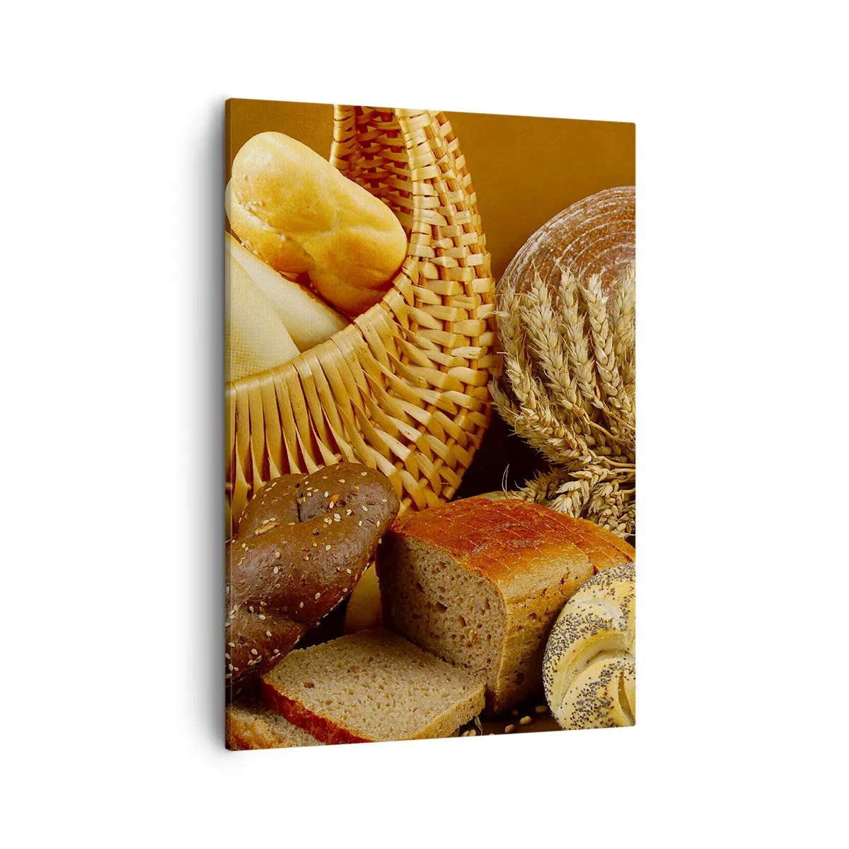 Obraz na płótnie - Różnorodne pieczywo w koszu na tle kłosów zbóż - 50x70cm - Znowu się nam upiekło - Nowoczesna dekoracja ścienna do salonu, kuchni i sypialni ARTTOR