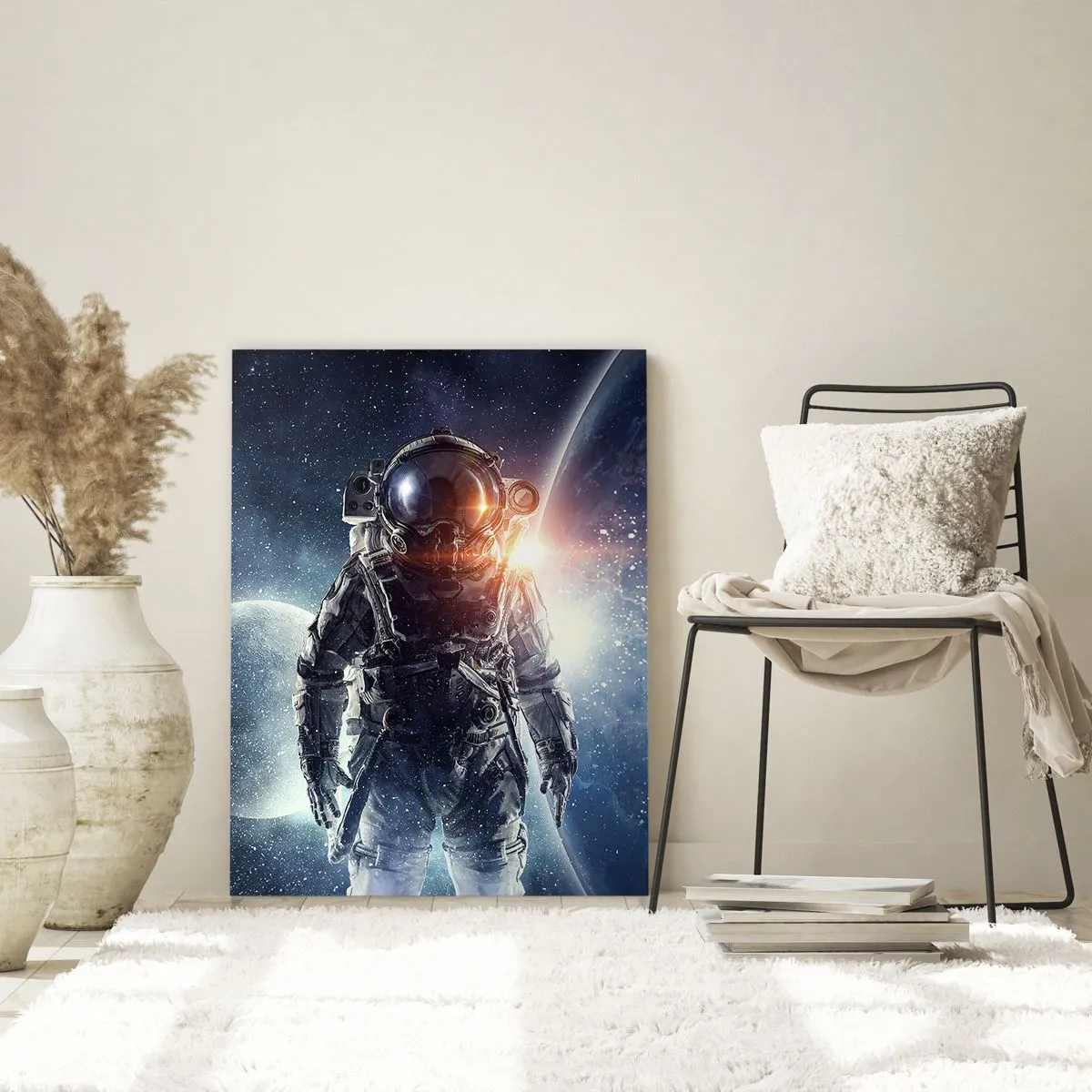 Obraz na szkle - Astronauta na tle planet i gwiazd - 50x70cm - Kosmiczna przygoda - Nowoczesna dekoracja ścienna do salonu, kuchni i sypialni ARTTOR