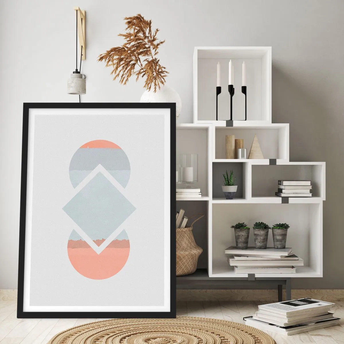 Plakat w czarnej ramie - Abstrakcyjna kompozycja z geometrycznych kształtów i pastelowych barw - 50x70cm - Sytuacja jest jasna - Nowoczesna dekoracja ścienna do salonu i sypialni ARTTOR