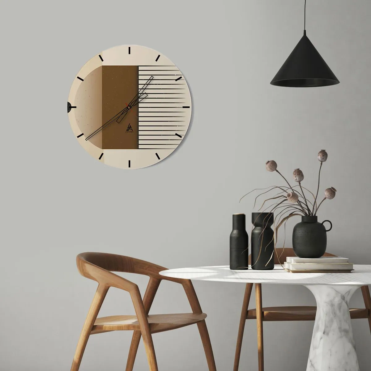 Zegar ścienny - Geometryczna kompozycja z brązowym prostokątem i liniami na beżowym tle - 30x30cm - Różne stany - Nowoczesna dekoracja ścienna do salonu, kuchni i sypialni ARTTOR