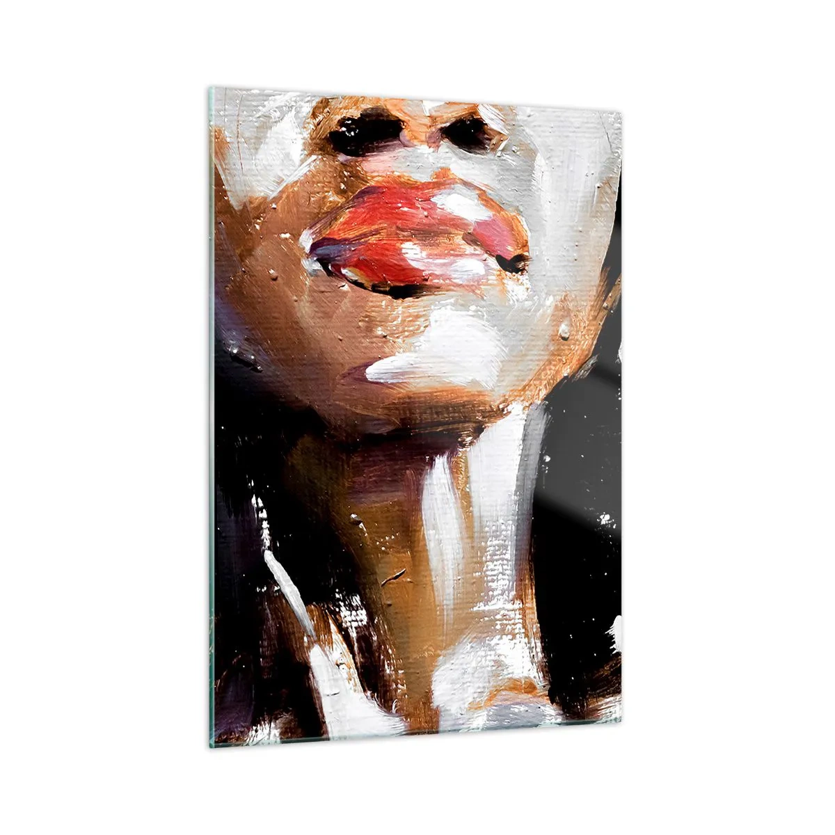 Obraz na szkle - Zbliżenie kolorowego portretu kobiety w stylu ekspresyjnym - 50x70cm - Duma bez uprzedzeń - Nowoczesna dekoracja ścienna do salonu, kuchni i sypialni ARTTOR