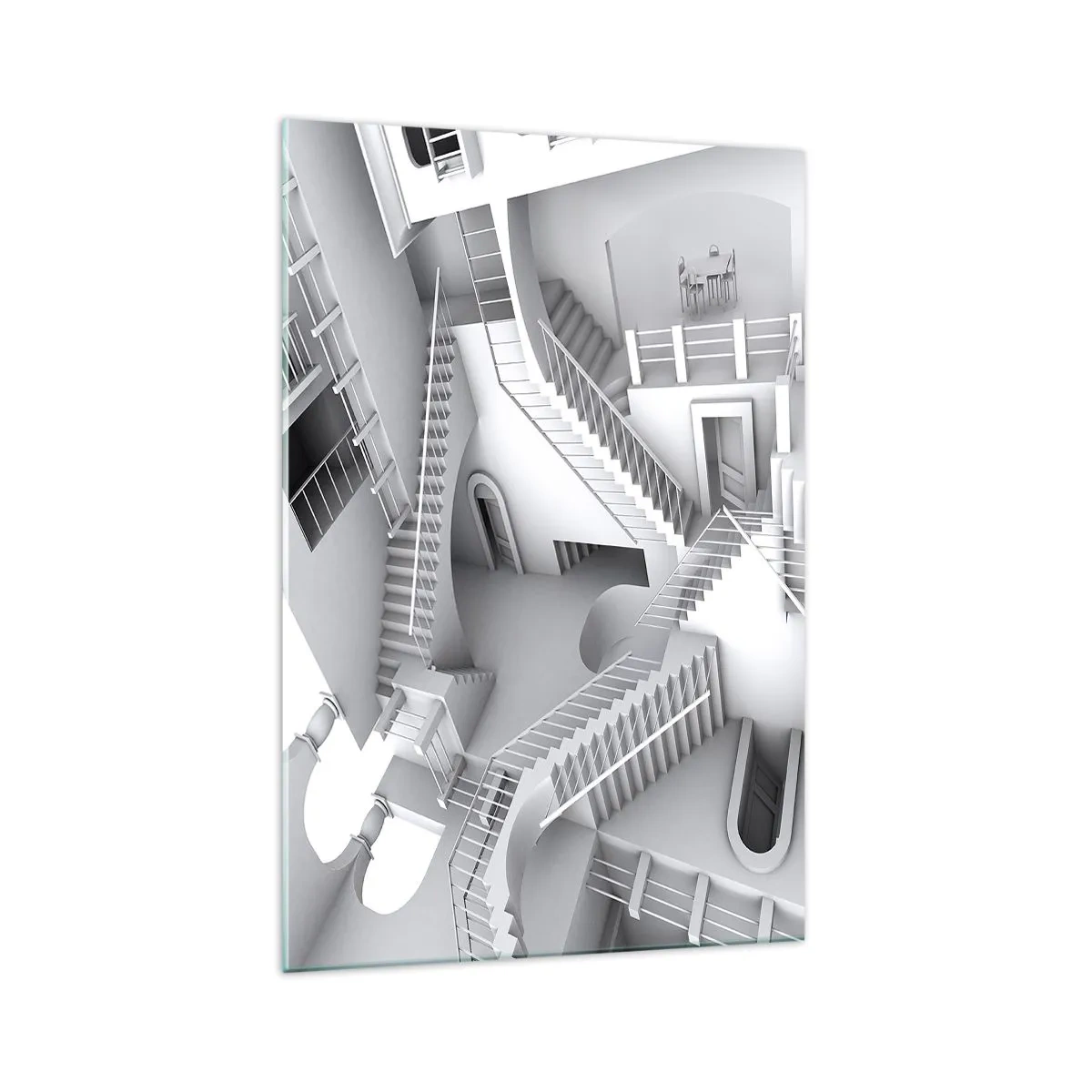 Obraz na szkle - Abstrakcyjna kompozycja schodów w surrealistycznym układzie przestrzeni - 70x100cm - Paradoksy przestrzeni - Nowoczesna dekoracja ścienna do salonu i sypialni ARTTOR