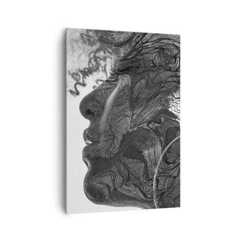 Obraz na płótnie - Abstrakcyjna twarz w czerni i bieli z dynamicznymi liniami - 70x100cm - Zaplątana w marzeniach - Nowoczesna dekoracja ścienna do salonu i sypialni ARTTOR