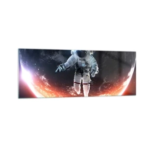 Obraz na szkle - Astronauta unoszący się nad Ziemią oświetloną słońcem - 140x50cm - Mogę zostać jeszcze chwilę? - Nowoczesna dekoracja ścienna do salonu i sypialni ARTTOR