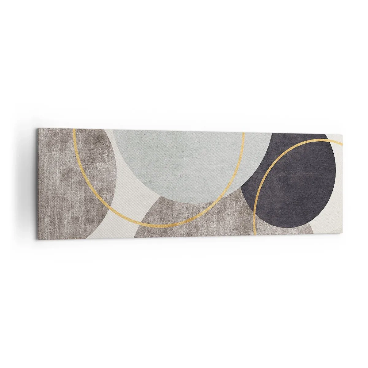 Obraz na płótnie - Geometryczne okręgi w odcieniach szarości, błękitu i złota - 160x50cm - Koło za kołem - Nowoczesna dekoracja ścienna do salonu i sypialni ARTTOR