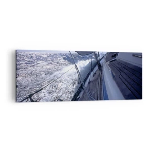 Obraz na płótnie - Żaglówka na wzburzonym morzu z białymi żaglami i drewnianym pokładem. - 140x50cm - Wiem, co to być ptakiem - Nowoczesna dekoracja ścienna do salonu i sypialni ARTTOR