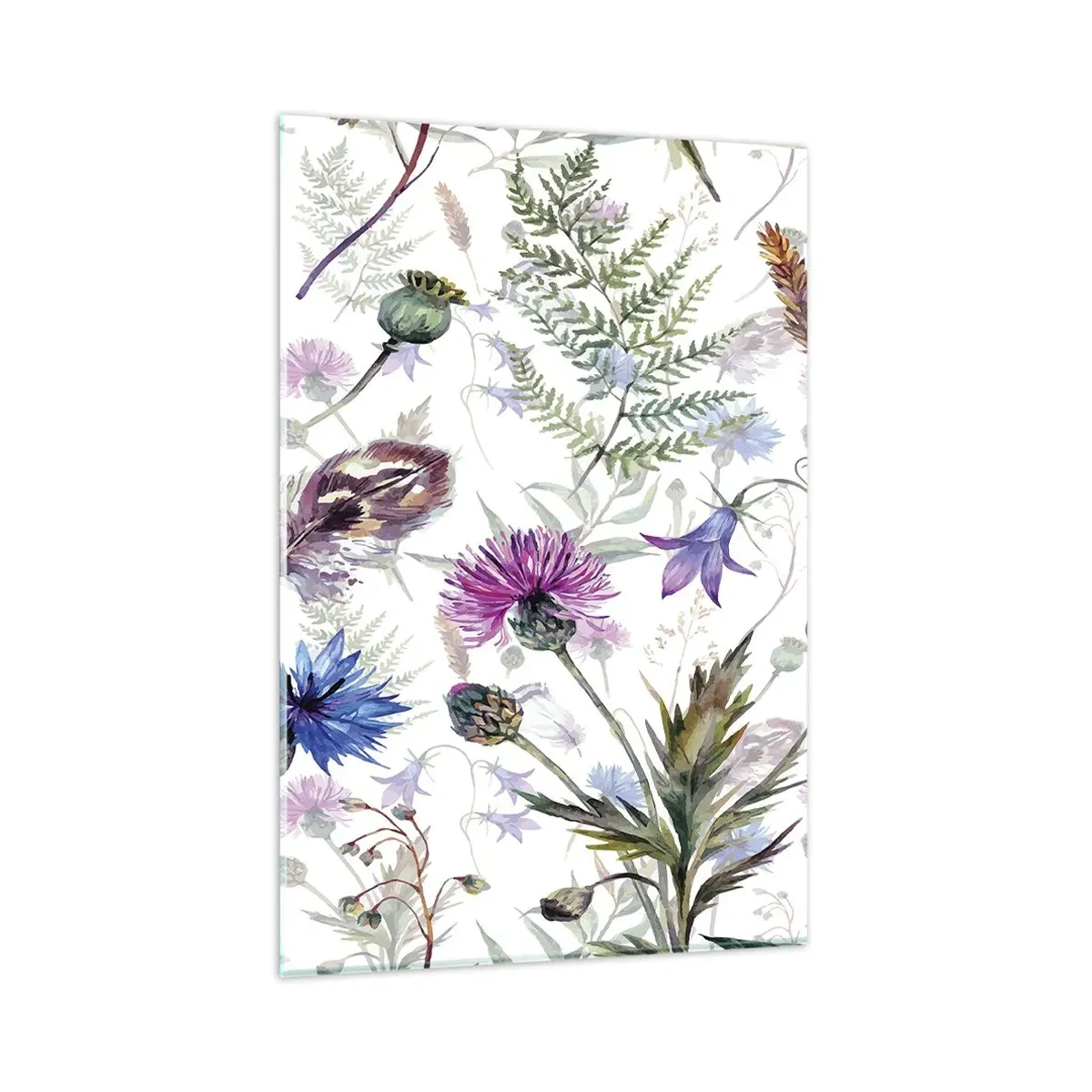 Obraz na szkle - Akwarelowe kwiaty i zioła na białym tle w stylu zielnika - 80x120cm - Polski zielnik - Nowoczesna dekoracja ścienna do salonu i sypialni ARTTOR