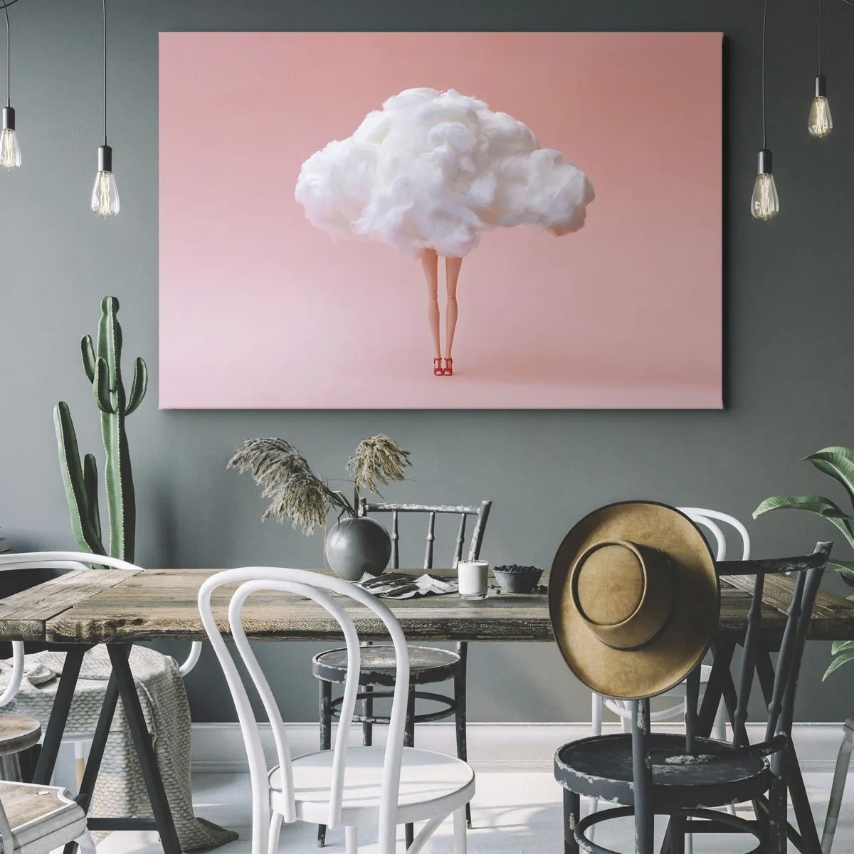 Obraz na płótnie - Nogi w chmurze na różowym tle - 70x50cm - Słodka obietnica - Nowoczesna dekoracja ścienna do salonu i sypialni ARTTOR