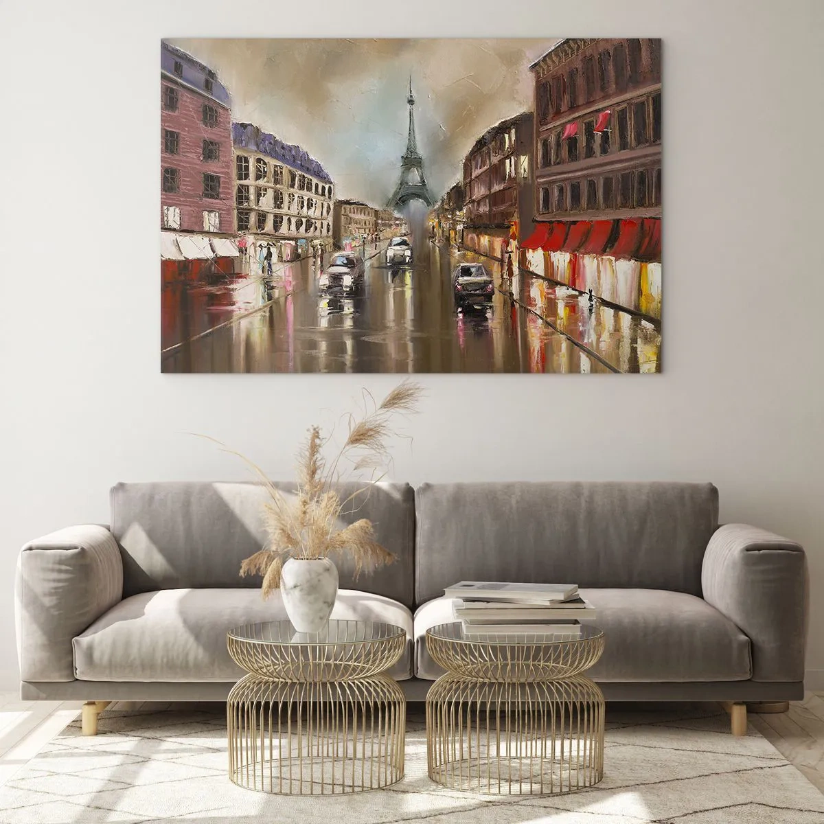 Obraz na szkle - Wieczorna ulica Paryża z widokiem na wieżę Eiffla - 70x50cm - Liczy się tylko ona - Nowoczesna dekoracja ścienna do salonu i sypialni ARTTOR