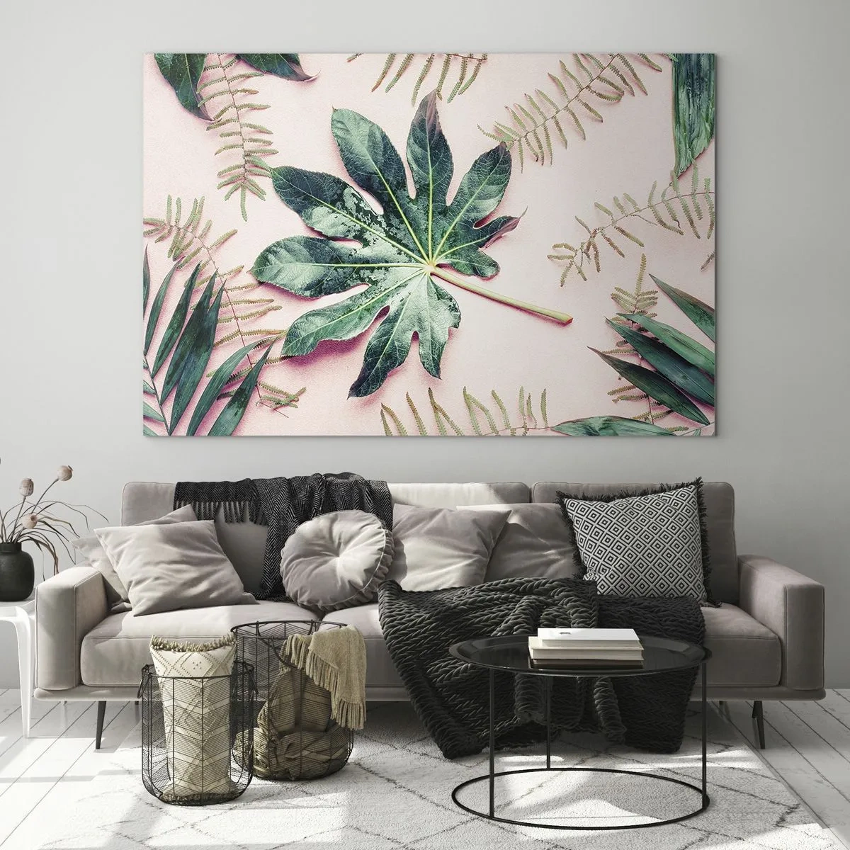 Obraz na szkle - Tropikalne liście na pastelowym tle - 70x50cm - Studium zieleni na różowym tle - Nowoczesna dekoracja ścienna do salonu i sypialni ARTTOR